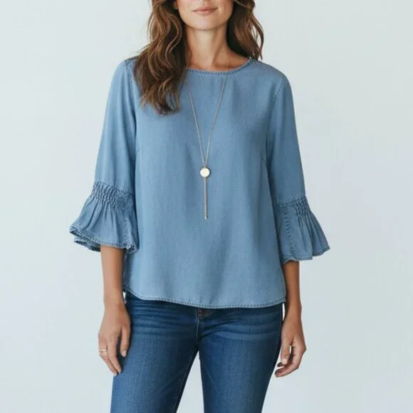 J Jill L Denim Bell Sleeve Chambray Top Lightweight Tencel Boho Minimalist - Picture 1 of 9
